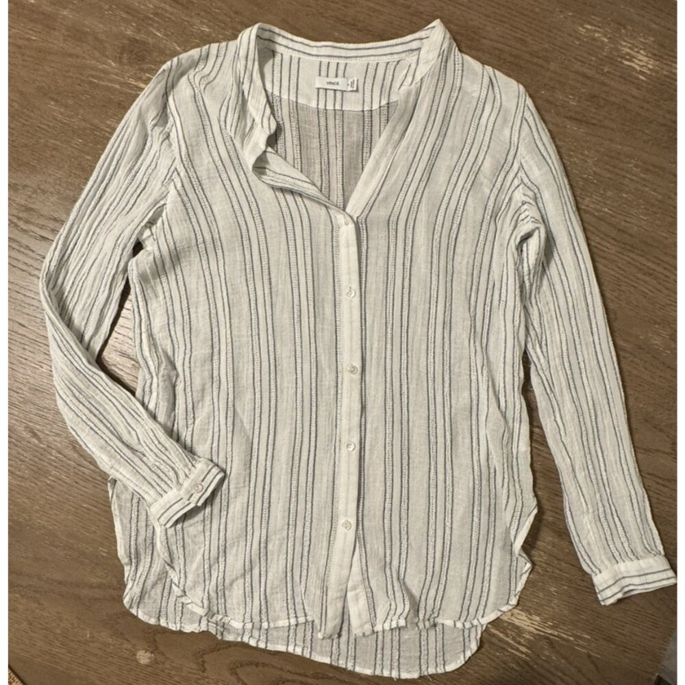 Vince Women Button Up Shirt White Striped Sheer Cotton Long Sleeve Slit Coastal